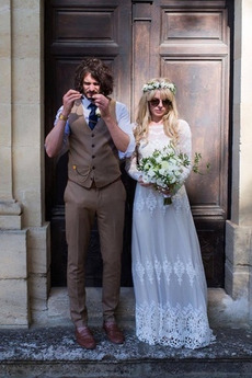 Robe de mariée Tulle Train de petit Manche Aérienne a ligne Dentelle