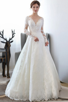 Robe de mariée Manche Longue Naturel taille Dentelle Manche Aérienne