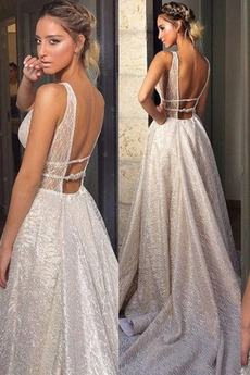 Robe de mariée Scintillait Perle Manquant aligne Col en V De plein air