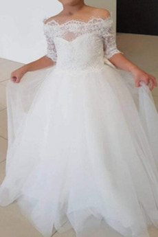 Robe de fille de fleur Dentelle Formelle Rosée épaule Orné de Nœud à Boucle