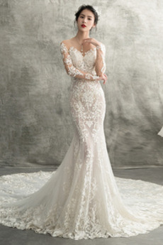 Robe de mariée Sirène Dos nu Plage Sexy Couvert de Dentelle Satin