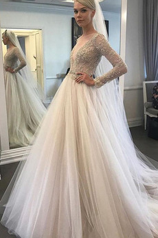 Robe de mariée Tulle Couvert de Dentelle Col en V Naturel taille