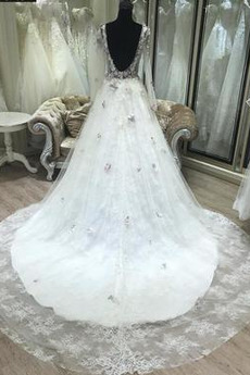 Robe de mariée Manche Longue Col U Profond Manche Aérienne Formelle