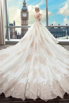 Robe de mariée Dos nu a ligne Appliquer Rosée épaule Longue Manche Aérienne