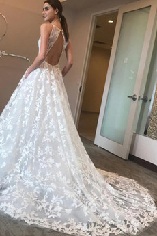 Robe de mariée Luxueux Couvert de Dentelle aligne Col en V Foncé