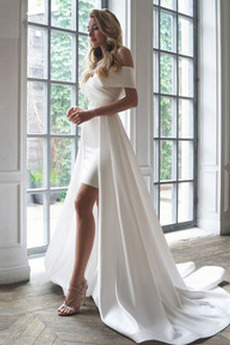 Robe de mariée Laçage Drapé Satin Plage Rosée épaule Traîne Courte