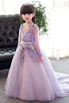 Robe de fille de fleur Formelle Manquant Bouton A-ligne Manche Longue