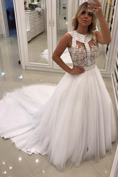 Robe de mariée Sans Manches Chapelle Perle Naturel taille Longue