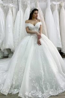 Robe de mariée Tulle Salle des fêtes Rosée épaule Traîne Longue