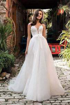 Robe de mariée Tulle Chic Vente Col en V Foncé Longue Naturel taille