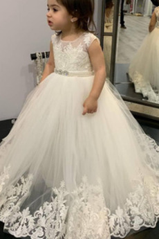 Robe de fille de fleur Tulle A-ligne Longueur de plancher Fermeture à glissière