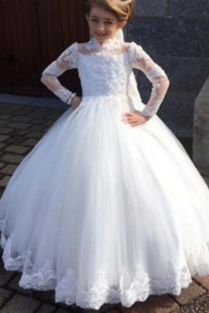 Robe de fille de fleur Tulle a ligne Longue Mariage Col haut