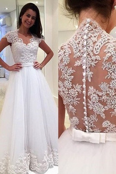 Robe de mariée Tulle Luxueux a ligne Mancheron Couvert de Dentelle