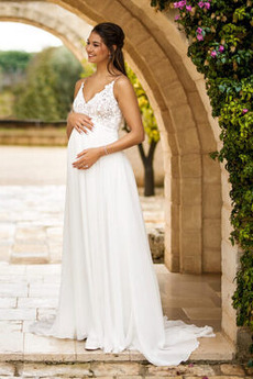 Robe de mariée Grossesse Appliquer Sans Manches Epurée Col en V Foncé