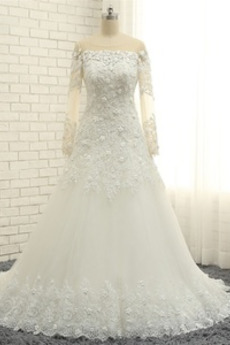 Robe de mariée Manche Longue Été Formelle Traîne Courte A-ligne