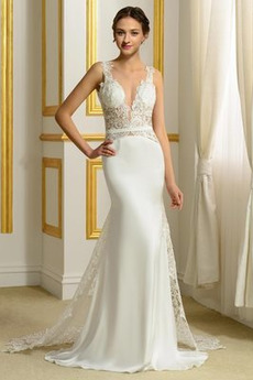 Robe de mariée Sirène Longue Été Col en V Satin Couvert de Dentelle