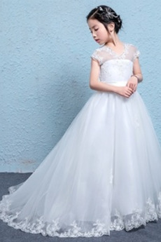 Robe de fille de fleur Formelle Longue Tulle Été Manquant Col en V