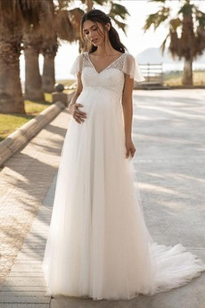 Robe de mariée Grossesse Traîne Courte Naturel taille Bouton