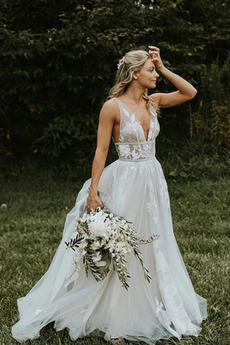 Robe de mariage Col en V Foncé Traîne Courte Sans Manches Dentelle