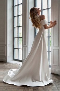 Robe de mariée Laçage Drapé Satin Plage Rosée épaule Traîne Courte