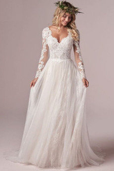 Robe de mariée Dos nu A-ligne Norme Drapé Tulle Col en V Foncé