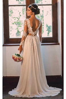 Robe de mariée A-ligne Manche Longue Sexy Longue Perspectif Naturel taille