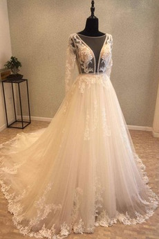 Robe de mariée Dentelle Rivage Col Bateau Éternel Dos nu Manche Longue