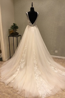 Robe de mariée Tulle a ligne Mince Traîne Longue Appliquer Col en V