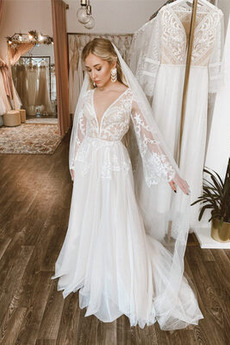 Robe de mariée Tulle A-ligne Plage Col en V Manche Aérienne Naturel taille