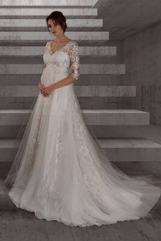 Robe de mariée Taille haute Col en V Foncé Manche Aérienne Dentelle