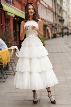 Robe de mariée Longueur Mollet A-ligne Tulle Sans Manches Petit collier circulaire