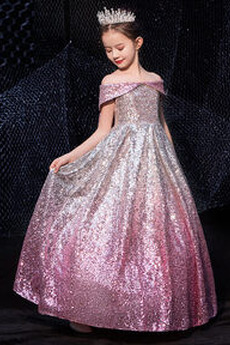 Robe de fille de fleur Paillettes Longueur Cheville Ballon Naturel taille