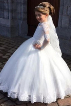 Robe de fille de fleur Tulle a ligne Longue Mariage Col haut