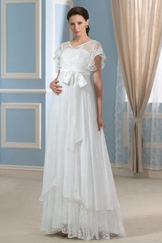 Robe de mariée Manche Courte Dentelle Été Orné de Nœud à Boucle