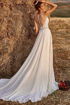 Robe de mariée Sexy Gaze Chiffon Col en V Printemps a ligne Naturel taille