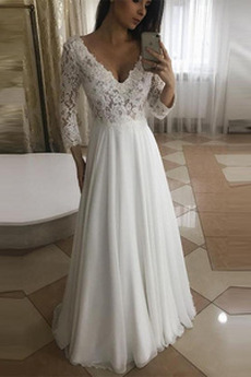 Robe de mariée Dentelle Manche de T-shirt Col en V Manche Longue