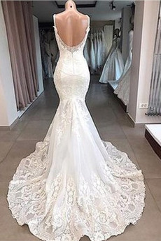 Robe de mariée Dentelle Soie Naturel taille Sirène noble Sans Manches