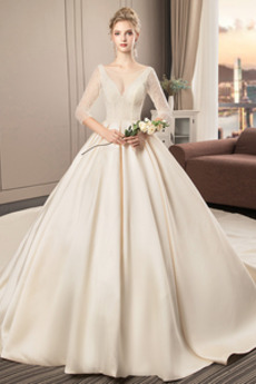 Robe de mariée Satin Traîne Longue Sage A-ligne Manquant Formelle