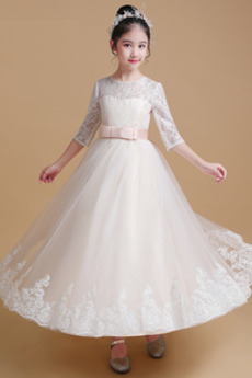 Robe de fille de fleur Broderie Mariage A-ligne Orné de Nœud à Boucle