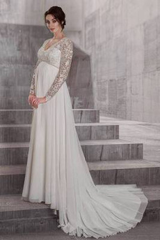 Robe de mariée Dentelle Longue Col en V Jardin taille haut Dentelle