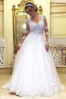 Robe de mariée Perle Gaze A-ligne Naturel taille Eglise Manche Longue