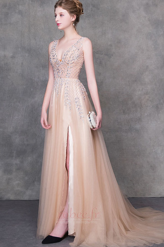 Robe de soirée Festin Col en V Satin Naturel taille Perle A-ligne - Page 3