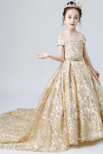 Robe de fille de fleur Broderie Soie Longue Ballon a ligne Traîne Longue - Page 1