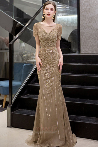 Robe de soirée Tulle Près du corps Col Bateau Luxueux Fourreau Avec Bijoux - Page 1