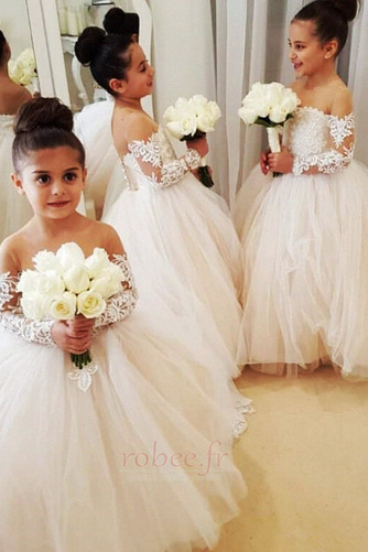 Robe de fille de fleur Tulle Rosée épaule A-ligne Gaze Couvert de Dentelle - Page 1
