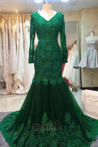 Robe de soirée Sirène Manche Aérienne Traîne Moyenne Dentelle - Page 1