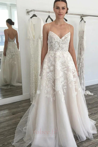 Robe de mariée Simple A-ligne Médium Rivage Train de petit Bretelles Spaghetti - Page 1