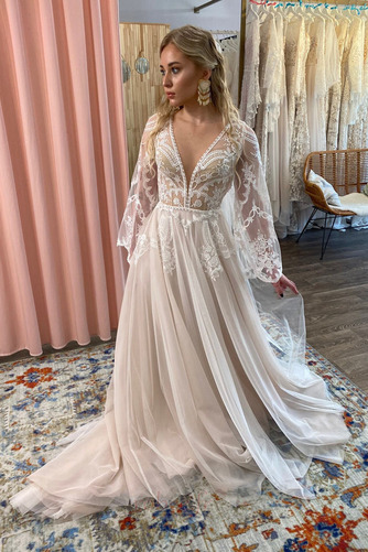 Robe de mariée Tulle A-ligne Plage Col en V Manche Aérienne Naturel taille - Page 5