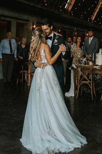 Robe de mariage Col en V Foncé Traîne Courte Sans Manches Dentelle - Page 3