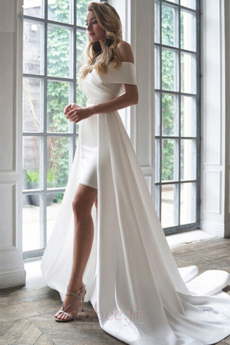 Robe de mariée Laçage Drapé Satin Plage Rosée épaule Traîne Courte - Page 1